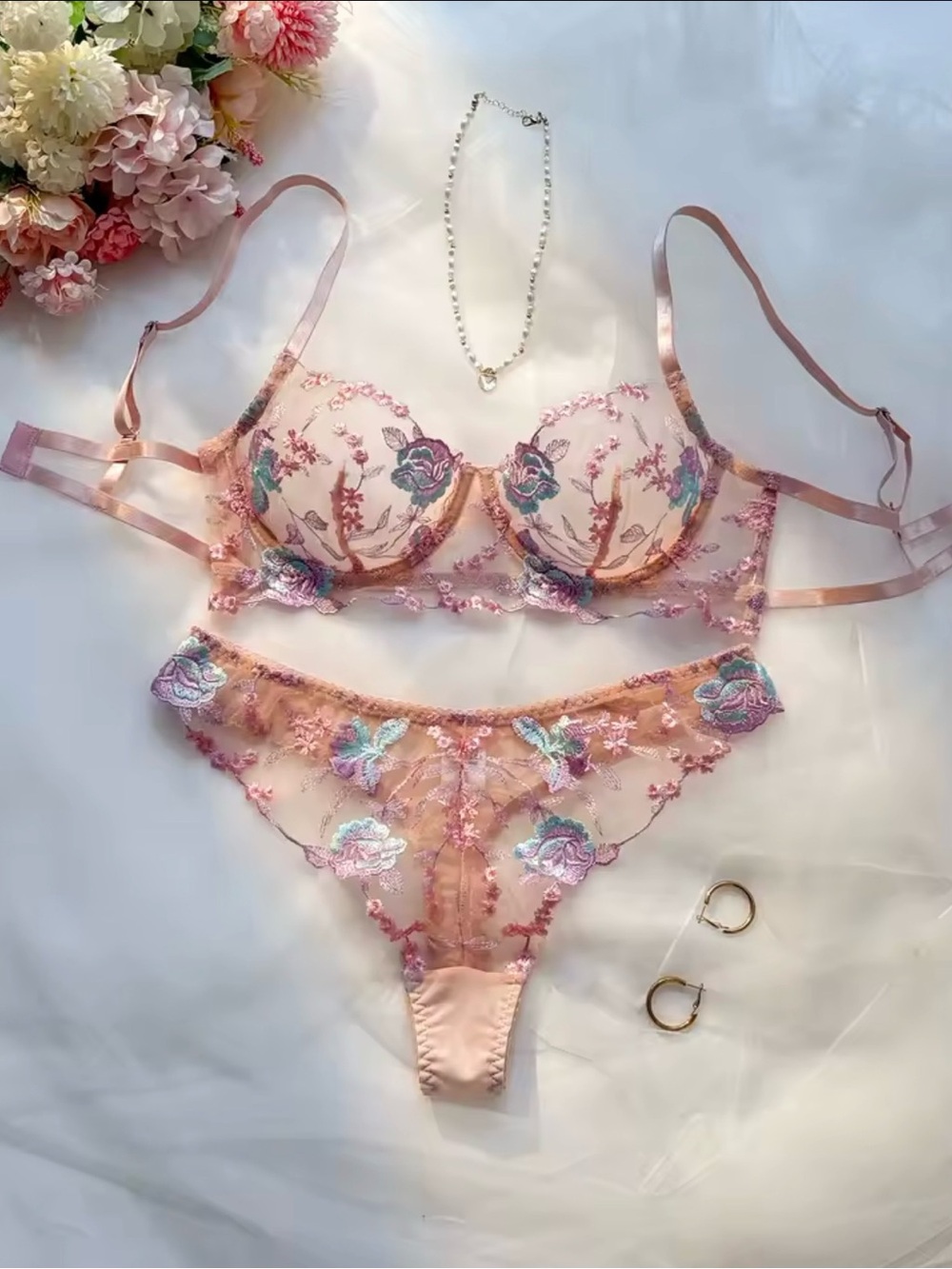 🌿 Pink Floral Embroidered Lace Bra & Thong Set